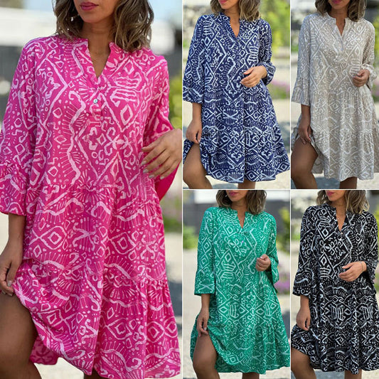 Casual Loose Printed V-Neck Flowy Dress