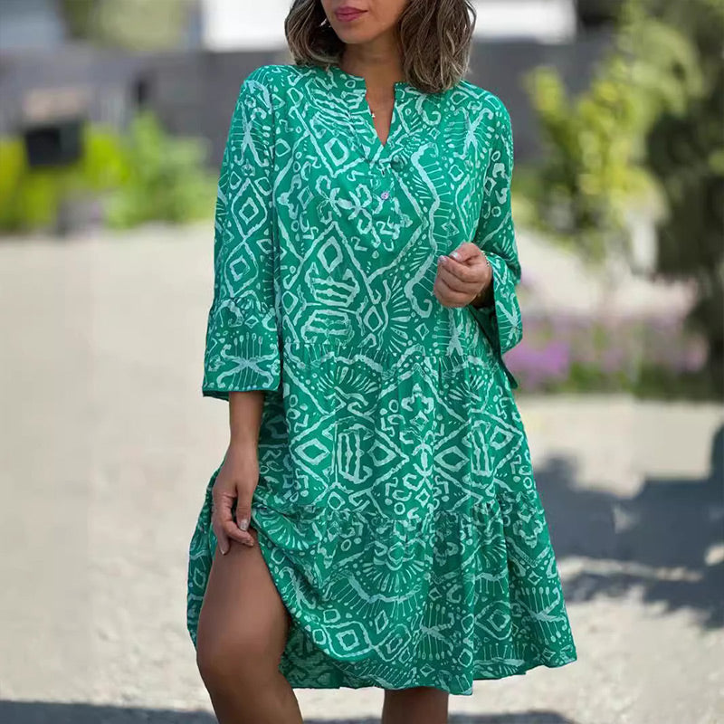 Casual Loose Printed V-Neck Flowy Dress