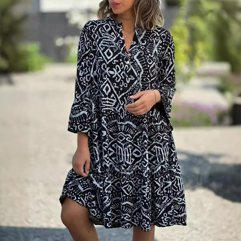 Casual Loose Printed V-Neck Flowy Dress